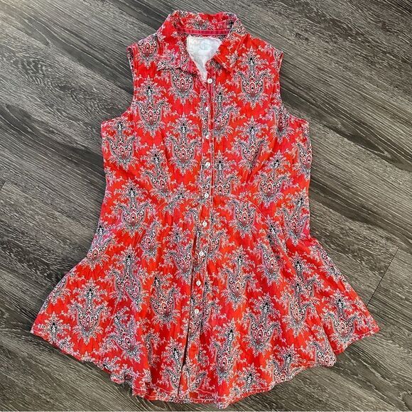 Cino Red Bandana Sleeveless Button Up Peplum Tunic - Picture 1 of 8